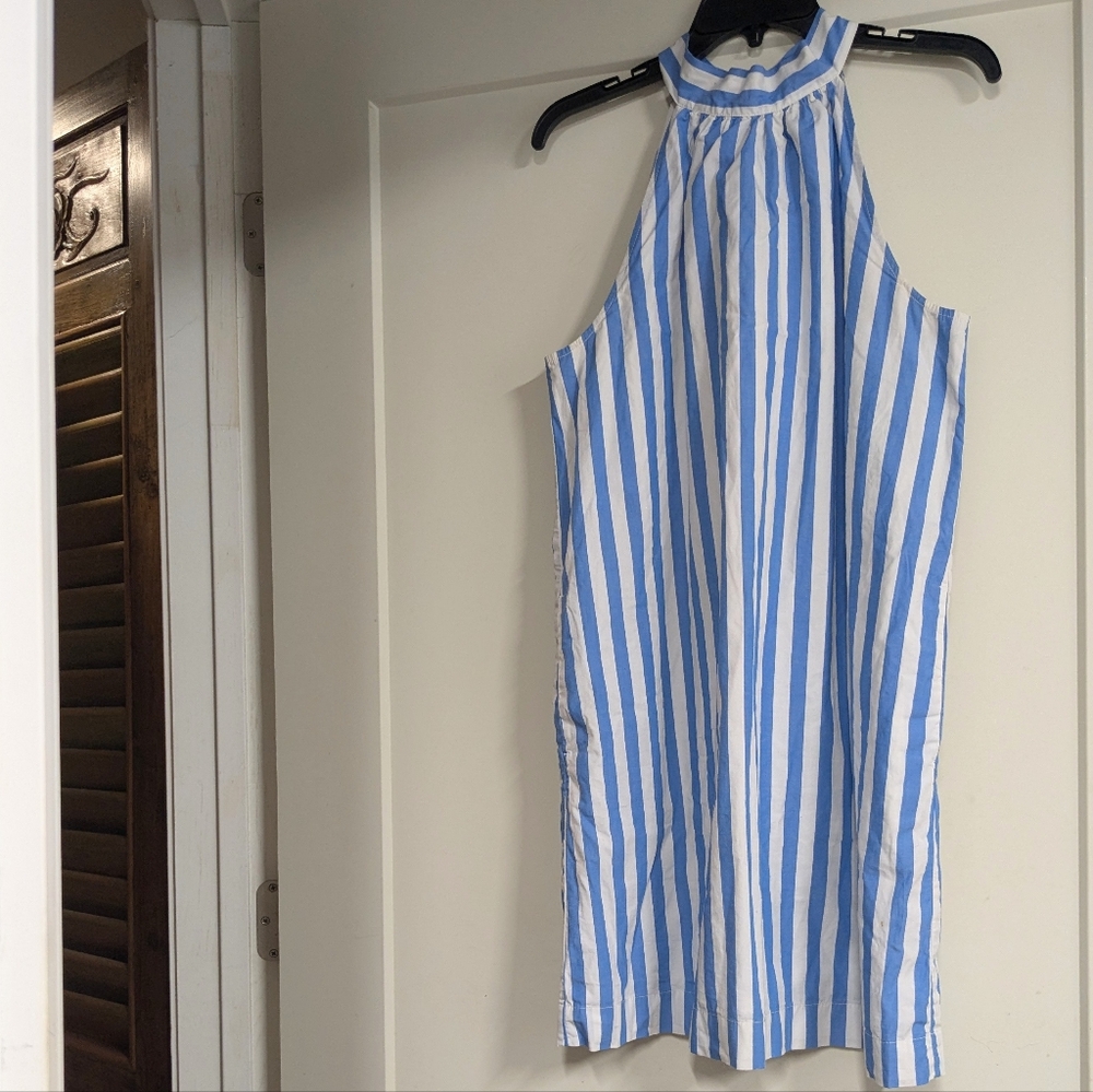 High-neck blue and white striped dress